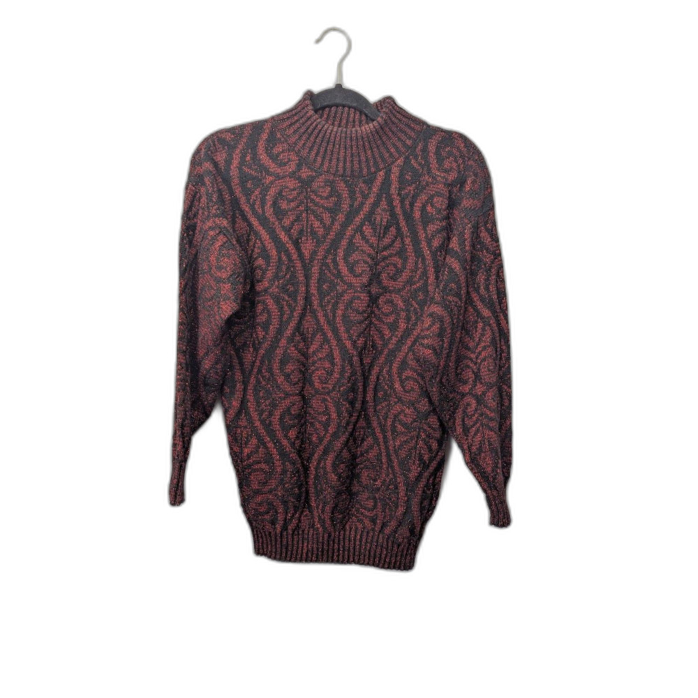 Vintage Private Eyes Womens S Red Black Metallic Paisley Mock Neck Sweater USA